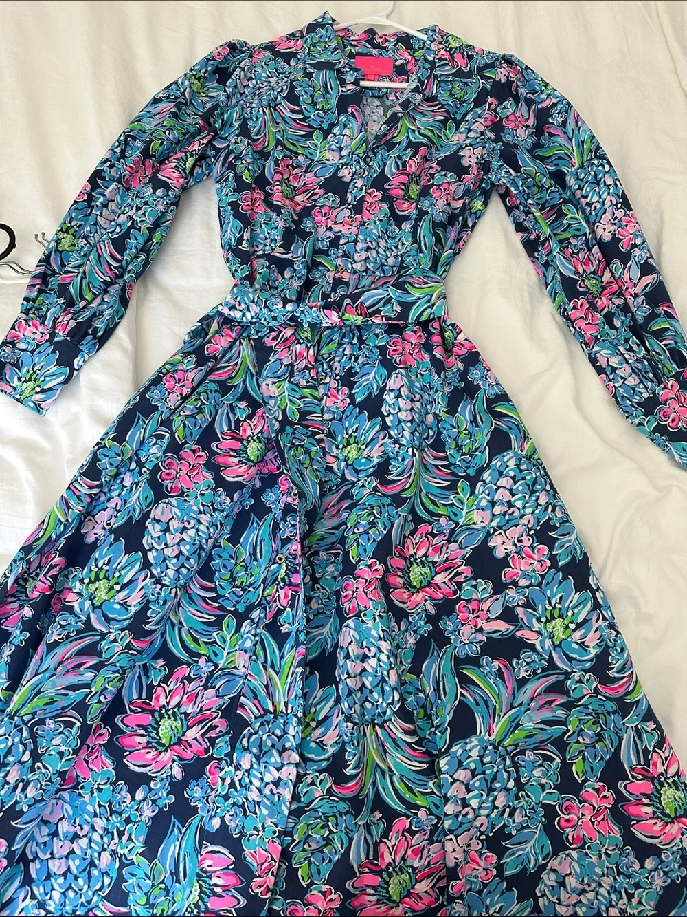 Lilly Pulitzer Navy Floral Maxi Wrap Dress with Pink & Aqua Accents, Size 10